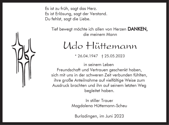 Traueranzeige von Udo Hüttemann von Hohenzollerische Zeitung