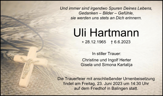 Traueranzeige von Uli Hartmann von Hohenzollerische Zeitung