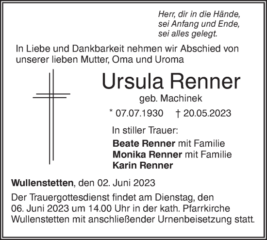 Traueranzeige von Ursula Renner von SÜDWEST PRESSE Ausgabe Ulm/Neu-Ulm