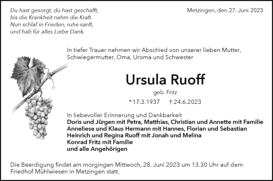 Traueranzeige von Ursula Ruoff von SÜDWEST PRESSE/SÜDWEST PRESSE