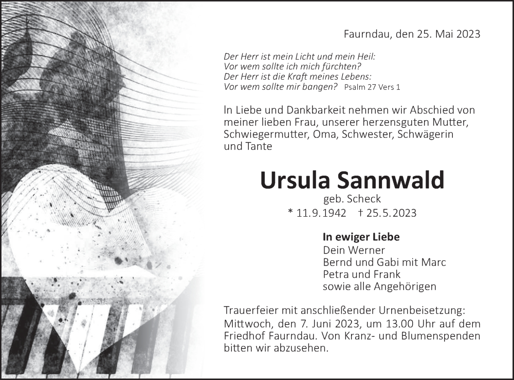  Traueranzeige für Ursula Sannwald vom 03.06.2023 aus NWZ Neue Württembergische Zeitung