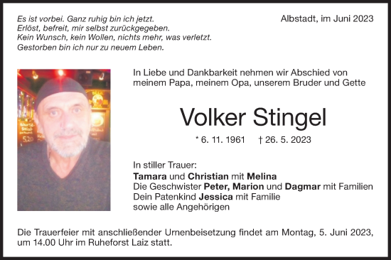 Traueranzeige von Volker Stingel von Hohenzollerische Zeitung