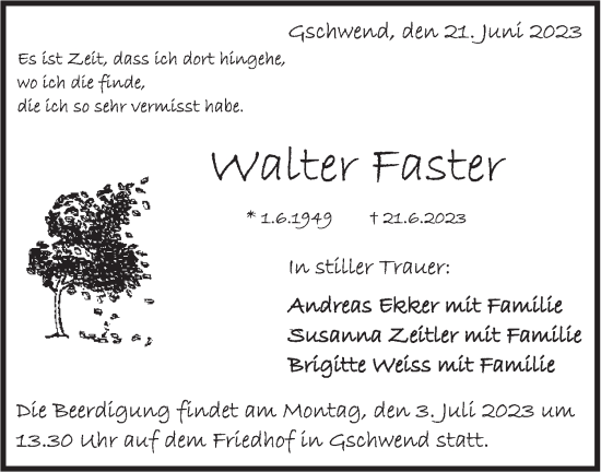 Traueranzeige von Walter Faster von Rundschau Gaildorf