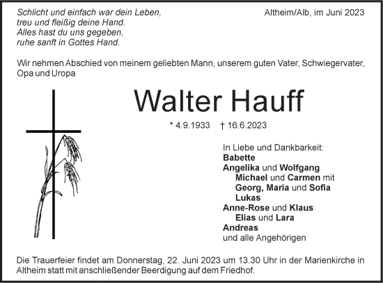 Traueranzeige von Walter Hauff von SÜDWEST PRESSE Ausgabe Ulm/Neu-Ulm