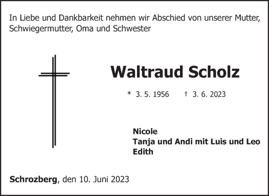 Traueranzeige von Waltraud Scholz von Hohenloher Tagblatt