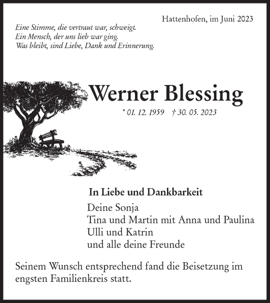 Traueranzeige von Werner Blessing von NWZ Neue Württembergische Zeitung