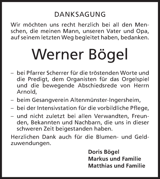 Traueranzeige von Werner Bögel von Hohenloher Tagblatt