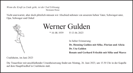 Traueranzeige von Werner Gulden von Hohenloher Tagblatt