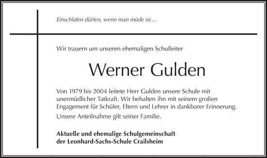 Traueranzeige von Werner Gulden von Hohenloher Tagblatt