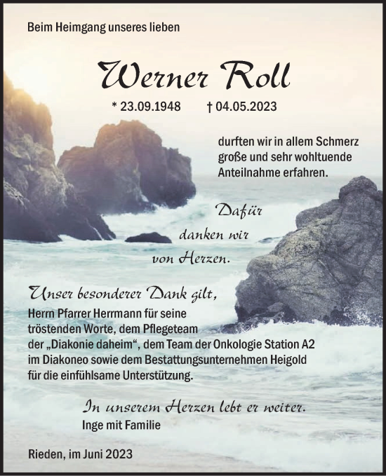 Traueranzeige von Werner Roll von Haller Tagblatt