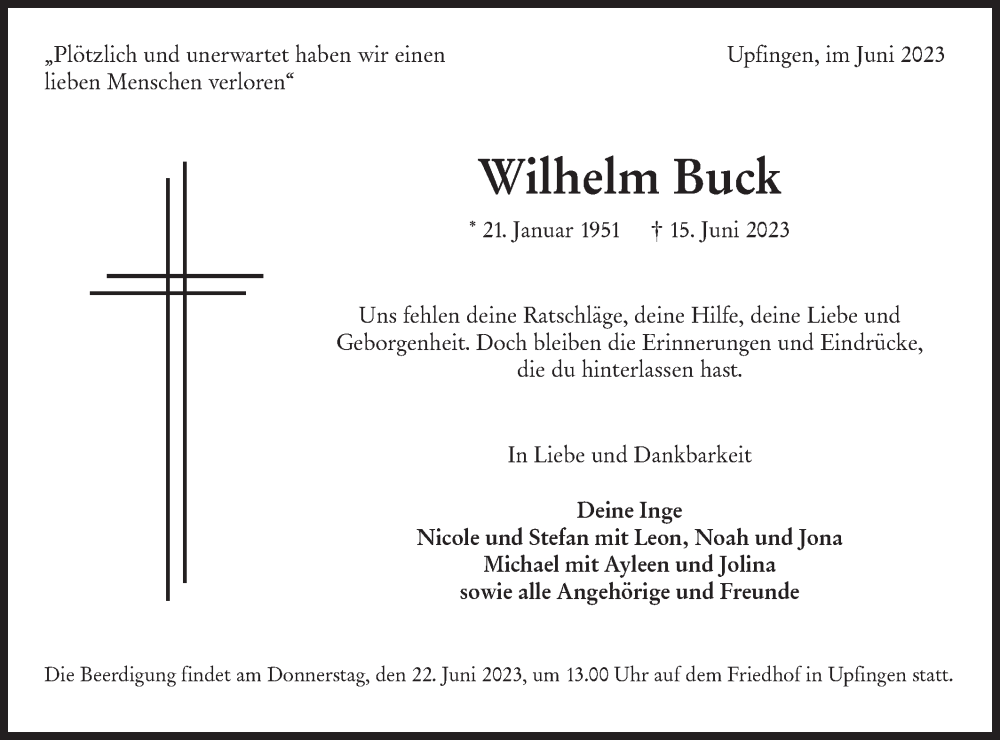  Traueranzeige für Wilhelm Buck vom 21.06.2023 aus Alb-Bote/Metzinger-Uracher Volksblatt