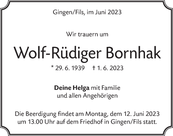 Traueranzeige von Wolf-Rüdiger Bornhak von Geislinger Zeitung