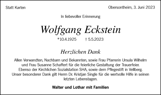 Traueranzeige von Wolfgang Eckstein von Haller Tagblatt