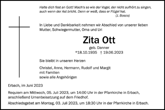 Traueranzeige von Zita Ott von SÜDWEST PRESSE Ausgabe Ulm/Neu-Ulm