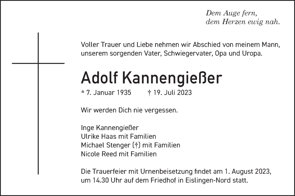  Traueranzeige für Adolf Kannengießer vom 22.07.2023 aus NWZ Neue Württembergische Zeitung