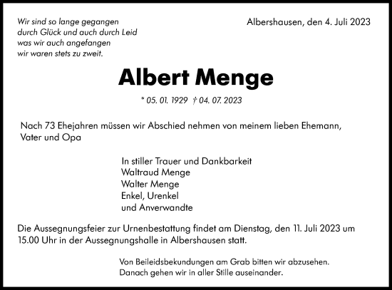 Traueranzeige von Albert Menge von NWZ Neue Württembergische Zeitung