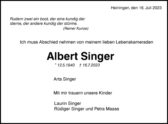 Traueranzeige von Albert Singer von NWZ Neue Württembergische Zeitung