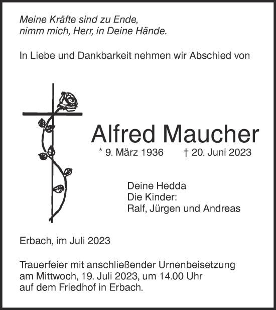 Traueranzeige von Alfred Maucher von SÜDWEST PRESSE Ausgabe Ulm/Neu-Ulm