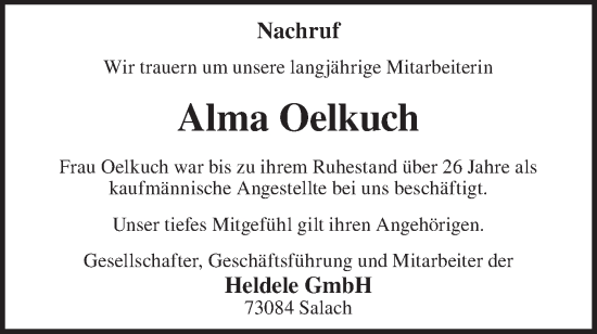 Traueranzeige von Alma Oelkuch von NWZ Neue Württembergische Zeitung