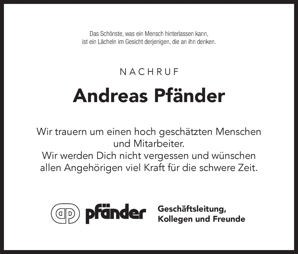  Traueranzeige für Andreas Pfänder vom 07.07.2023 aus Hohenloher Tagblatt