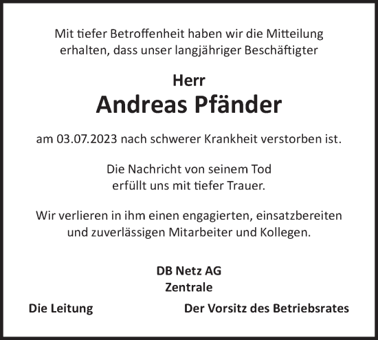 Traueranzeige von Andreas Pfänder von Hohenloher Tagblatt