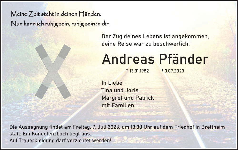  Traueranzeige für Andreas Pfänder vom 05.07.2023 aus Hohenloher Tagblatt