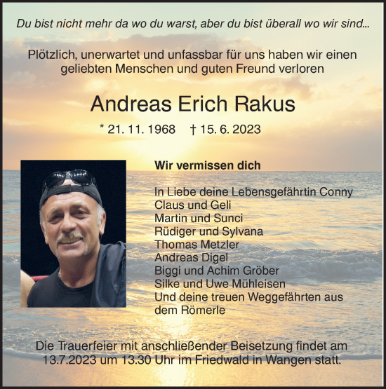 Traueranzeige von Andreas Erich Rakus von NWZ Neue Württembergische Zeitung