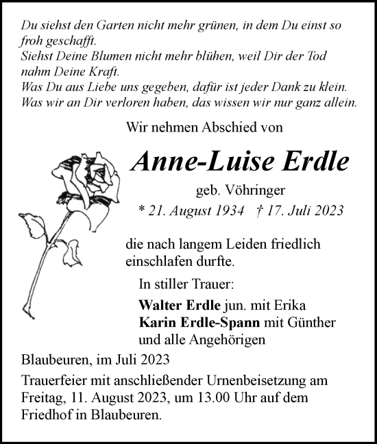 Traueranzeige von Anne-Luise Erdle von SÜDWEST PRESSE Ausgabe Ulm/Neu-Ulm