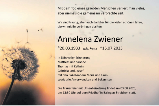 Traueranzeige von Annelena Zwiener von Hohenzollerische Zeitung