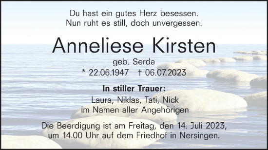 Traueranzeige von Anneliese Kirsten von SÜDWEST PRESSE Ausgabe Ulm/Neu-Ulm