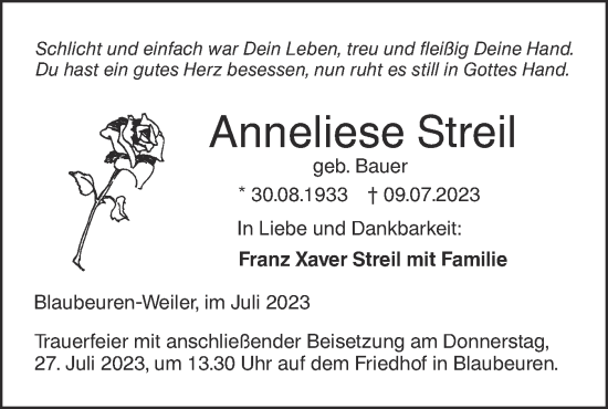 Traueranzeige von Anneliese Streil von SÜDWEST PRESSE Ausgabe Ulm/Neu-Ulm