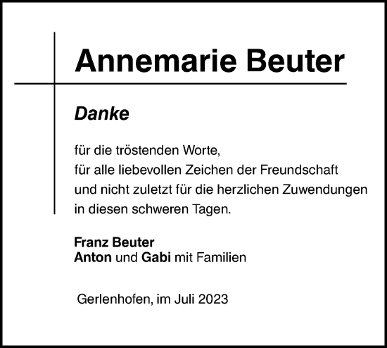 Traueranzeige von Annemarie Beuter von SÜDWEST PRESSE Ausgabe Ulm/Neu-Ulm