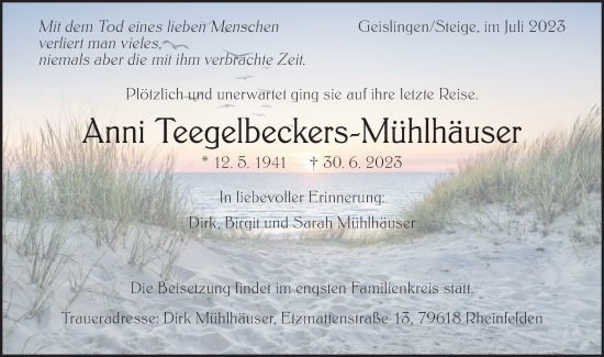 Traueranzeige von Anni Teegelbeckers-Mühlhäuser von Geislinger Zeitung