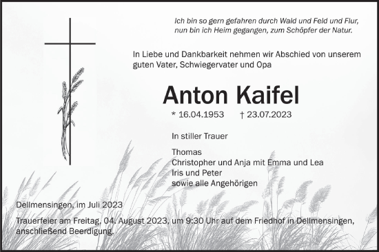 Traueranzeige von Anton Kaifel von SÜDWEST PRESSE Ausgabe Ulm/Neu-Ulm