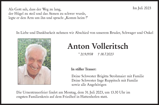 Traueranzeige von Anton Volleritsch von NWZ Neue Württembergische Zeitung