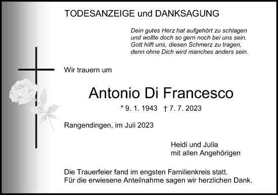 Traueranzeige von Antonio Di Francesco von Hohenzollerische Zeitung