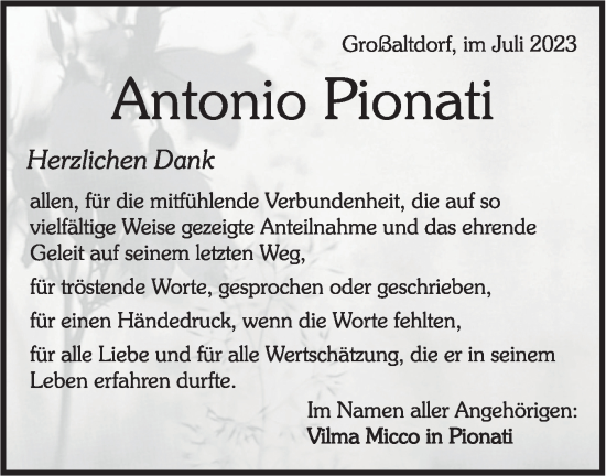 Traueranzeige von Antonio Pionati von Rundschau Gaildorf