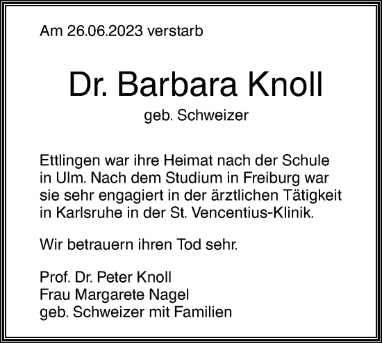 Traueranzeige von Barbara Knoll von SÜDWEST PRESSE Ausgabe Ulm/Neu-Ulm