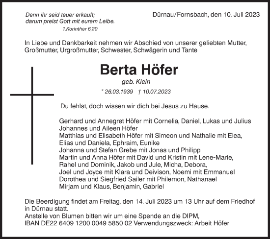 Traueranzeige von Berta Höfer von NWZ Neue Württembergische Zeitung