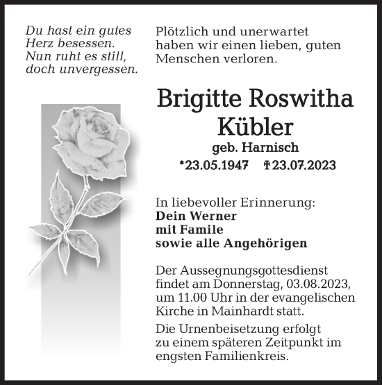 Traueranzeige von Brigitte Roswitha Kübler von Haller Tagblatt