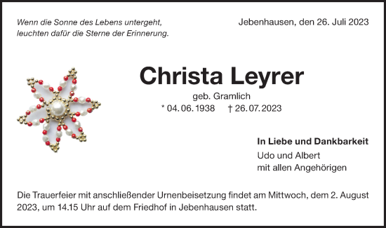 Traueranzeige von Christa Leyrer von NWZ Neue Württembergische Zeitung