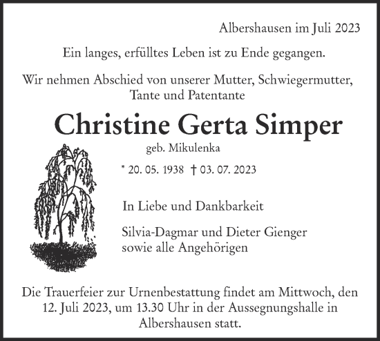 Traueranzeige von Christine Gerta Simper von NWZ Neue Württembergische Zeitung