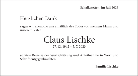 Traueranzeige von Claus Lischke von Geislinger Zeitung