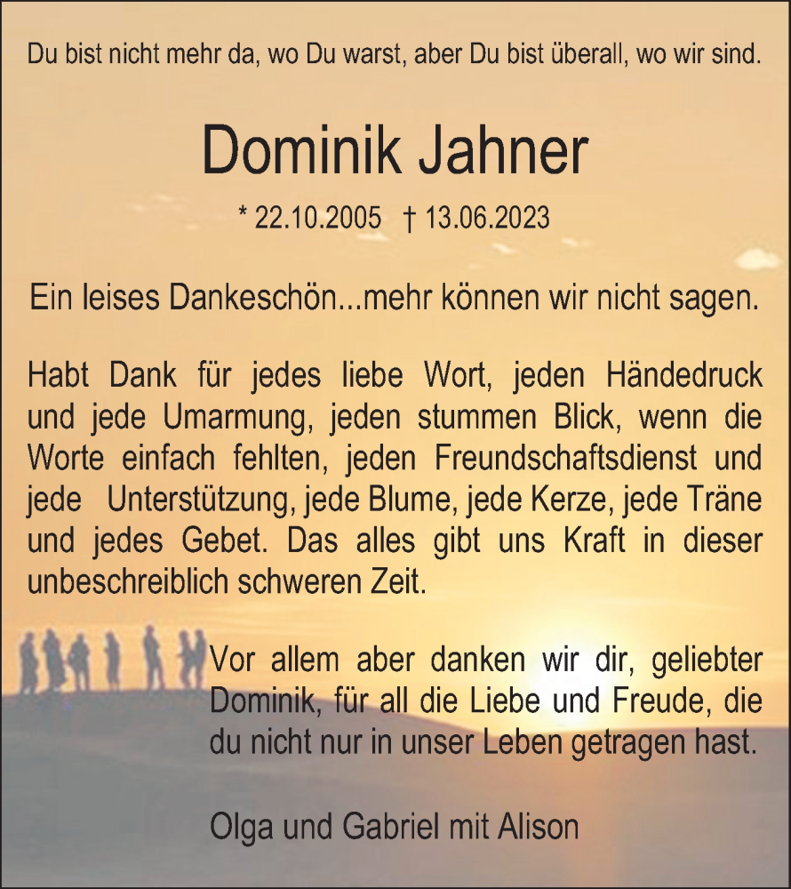  Traueranzeige für Dominik Jahner vom 01.07.2023 aus SÜDWEST PRESSE Ausgabe Ulm/Neu-Ulm