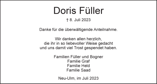 Traueranzeige von Doris Füller von SÜDWEST PRESSE Ausgabe Ulm/Neu-Ulm