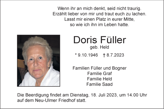 Traueranzeige von Doris Füller von SÜDWEST PRESSE Ausgabe Ulm/Neu-Ulm