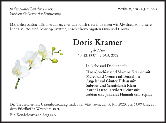 Traueranzeige von Doris Kramer von Haller Tagblatt