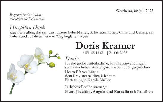 Traueranzeige von Doris Kramer von Haller Tagblatt