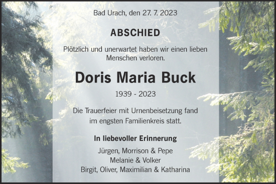 Traueranzeige von Doris Maria Buck von SÜDWEST PRESSE/SÜDWEST PRESSE