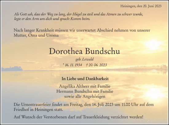 Traueranzeige von Dorothea Bundschu von NWZ Neue Württembergische Zeitung